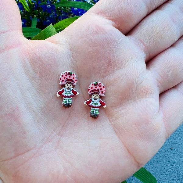 Strawberry Girl Cartoon Earrings/Care Bears/Handmade to Order/Stud Earrings/Nickel Free/Hypoallergenic