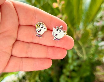 Mrs. Potts & Chip Earrings: Beauty and the Beast, Handmade Acrylic Nickel Free Stud Earrings Hypoallergenic