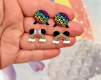 Rainbow Spaceship Earth Earrings: EPCOT Inspired, Handmade Acrylic Nickel Free Stud Hypoallergenic