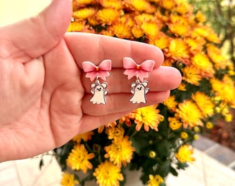 Dangle 2025 Ghost Mouse Earrings: Coquette Bows, Disney Halloween, Handmade Nickel Free Drop Earrings