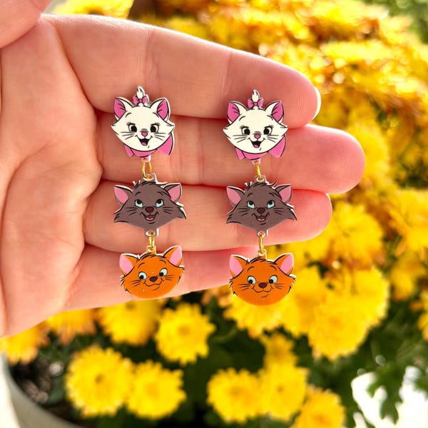 Dangle Parisian Cat Earrings: The Aristocats, Marie, Handmade Acrylic Nickel Free