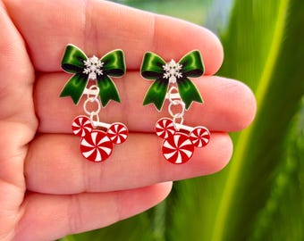 Dangle Candy Cane Mouse Earrings: Disney Christmas, Handmade Nickel Free Acrylic, Hypoallergenic