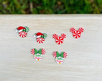Candy Cane Mouse Earrings: Disney Christmas, Peppermint Earrings, Handmade Acrylic Nickel Free Studs, Hypoallergenic
