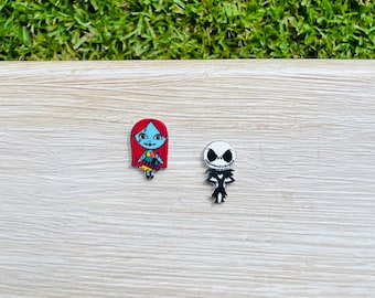 Sally N Jack Couple Earrings: Nightmare Before Christmas, Handmade Nickel Free Studs Hypoallergenic