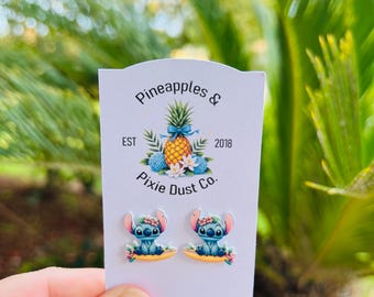 Pendientes Surfboards & Flowers 626: Lilo y Stitch, joyería hawaiana, pendientes hechos a mano sin níquel