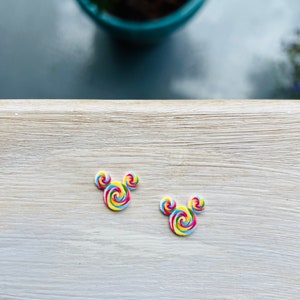 Lollipop Rainbow Mouse Earrings: Disney Snacks, Handmade Acrylic Nickel Free Studs Hypoallergenic