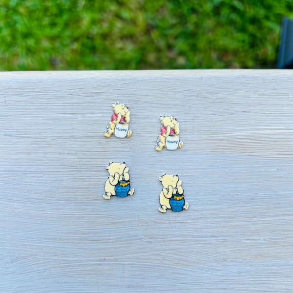 Classic Honey Bear Earrings: Winnie The Pooh, Handmade Acrylic Nickel Free Studs Hypoallergenic