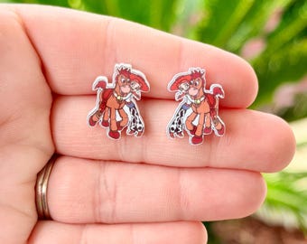 Bullseye and his Gal Earrings: Toy Story, Jessie, Handmade Acrylic  Nickel Free Studs Hypoallergenic