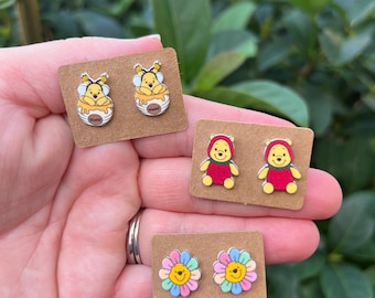 Spring Flower Honey Bear Earrings/Epcot Flower and Garden/Winnie The Pooh Earrings/Handmade/Stud Earrings/Nickel Free/Hypoallergenic