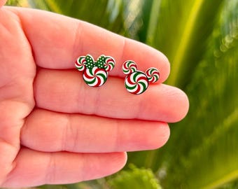 Peppermint Twist Mouse Earrings: Disney Christmas Jewelry, Handmade Nickel Free Studs