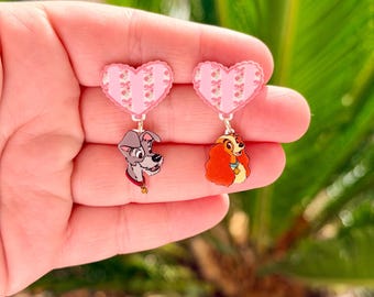 Dangle Lady and the Tramp Earrings: Valentine Disney, Marie, Handmade Acrylic Nickel Free Hypoallergenic