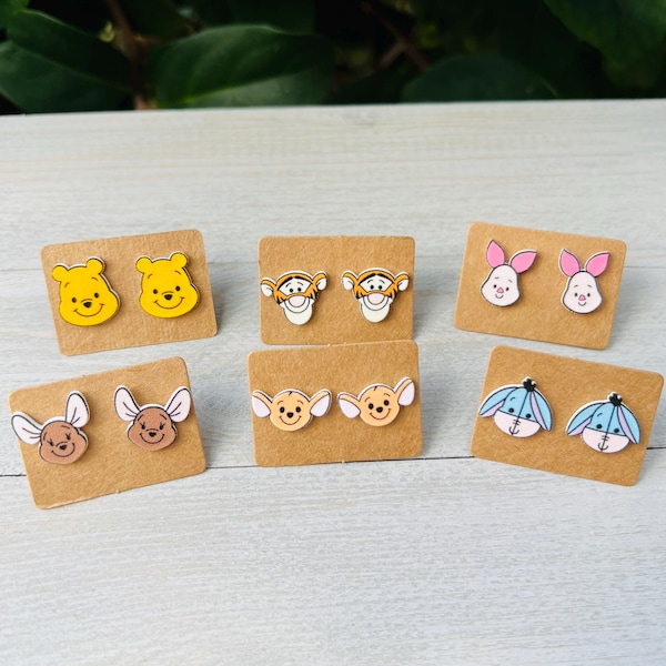 Friends in the Hundred Acre Wood Earrings: Winnie The Pooh, Handmade Acrylic Nickel Free Studs Hypoallergenic