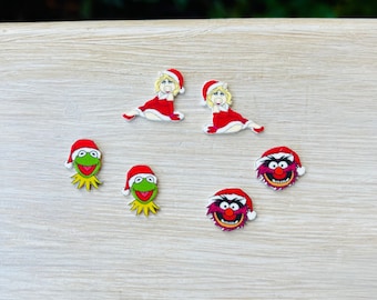 Christmas Muppets Earrings: Disney Christmas, Kermit, Handmade Acrylic Nickel Free Studs Hypoallergenic