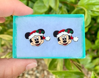 Santa Mouse Earrings: Disney Christmas Jewelry, Handmade Acrylic Nickel Free Studs, Hypoallergenic