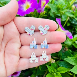 Springtime at the Parks Earrings: Disney Castle, EPCOT, Handmade Acrylic Nickel Free Studs Hypoallergenic