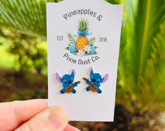 Ukulele Experiment 626 Earrings: Stitch, Disney Hawaiian, Handmade Nickel Free Studs, Hypoallergenic