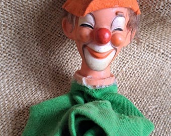 Stara mała lalka klaun, pomarańczowo-zielona - Vintage