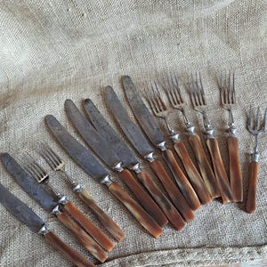 Può includere: Un set di posate antiche, tra cui coltelli e forchette, con manici marroni e lame e rebbi argentati. Gli utensili sono disposti su una superficie strutturata dai toni neutri, evocando un'estetica vintage.