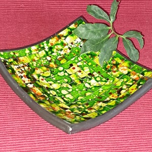 Peut inclure: Un petit plateau carré en mosaïque de carreaux verts et bruns avec un bord noir. Le plateau est posé sur une surface rouge.