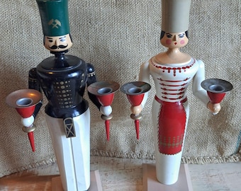Artigianato dei Monti Metalliferi - Statuette di un uomo e una donna come doppio portacandele - Vintage