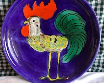 Großer Wandteller Keramik mit handgemaltem Hahn - Eira - Vintage