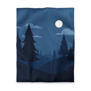 Moonlit Forest Duvet Cover – Dark Blue Nightscape Bedding – Minimalist Nature Bedroom Decor – Calm Pines Under Moonlight