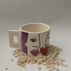 Mug en céramique visage cubiste, tasse à café inspirée de Picasso abstrait, poterie faite main