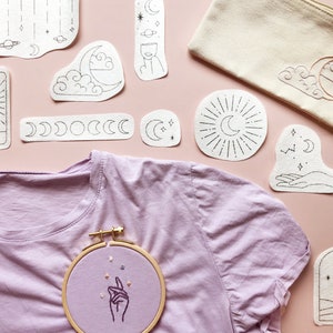 Stick and Stitch Embroidery Kit Celestial | Stick On Modern Embroidery Pack | Hand Embroidery Kit for Clothes | Craft Kit | DIY T-shirt Kit