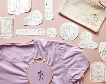 Stick and Stitch Embroidery Kit Celestial | Stick On Modern Embroidery Pack | Hand Embroidery Kit for Clothes | Craft Kit | DIY T-shirt Kit