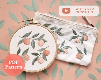 Embroidery Pattern PDF with Video Tutorials Peaches | Modern Hand Embroidery Pattern | DIY Embroidery Pouch | Embroidery Pattern