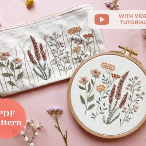 Embroidery Pattern PDF with Video Tutorials Wildflowers | Flowers Pattern | Modern Hand Embroidery | DIY Boho Embroidery Pouch | Botanical