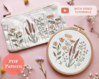 Embroidery Pattern PDF with Video Tutorials Wildflowers | Flowers Pattern | Modern Hand Embroidery | DIY Boho Embroidery Pouch | Botanical