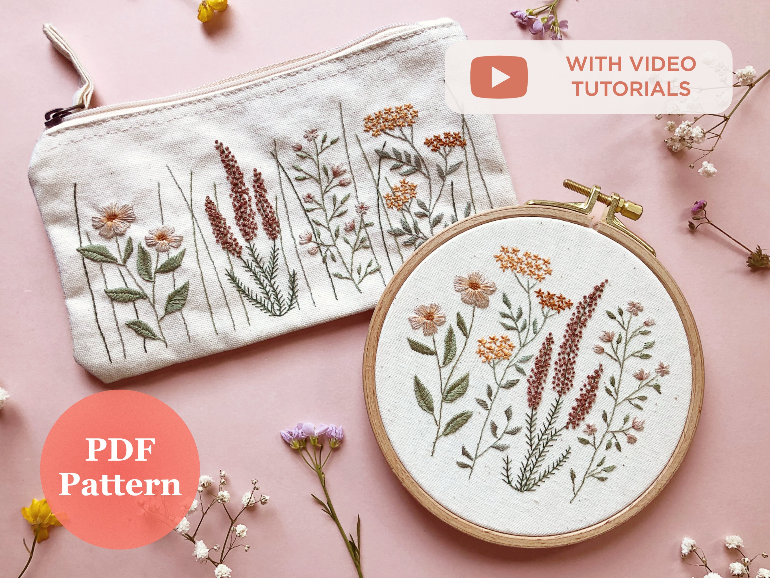 Wildflowers Embroidery Pattern Video Tutorial, Beginner Embroidery PDF  Pattern, Botanical Embroidery Designs 