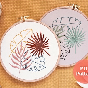 Embroidery PDF Pattern Tropical Leaves | Digital Tutorial | Modern Hand Embroidery | DIY Embroidery Hoop | Botanical | Crafts | Palm Leaf