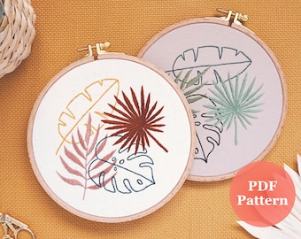 Embroidery PDF Pattern Tropical Leaves | Digital Tutorial | Modern Hand Embroidery | DIY Embroidery Hoop | Botanical | Crafts | Palm Leaf