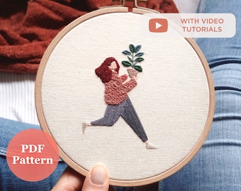 Stickmuster PDF mit Video Tutorials - Gummipflanze Lady | Moderne Handstickerei Printable | Digitale Anleitung | DIY Stickrahmen