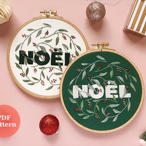 Christmas Embroidery Pattern PDF with Video Tutorials Noël Noel Modern Hand Embroidery DIY Embroidery Hoop diy Christmas Ornament image 1