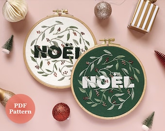 Christmas Embroidery Pattern PDF with Video Tutorials - Noël | Noel Modern Hand Embroidery | DIY Embroidery Hoop | diy Christmas Ornament