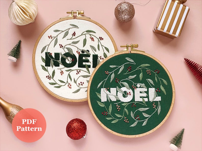 Christmas Embroidery Pattern PDF with Video Tutorials Noël Noel Modern Hand Embroidery DIY Embroidery Hoop diy Christmas Ornament image 1