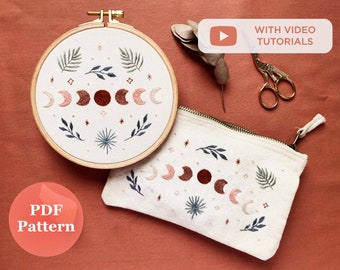 Embroidery Pattern PDF with Video Tutorials Desert Moon | Moon Phases Pattern | Modern Hand Embroidery | DIY Boho Embroidery Pouch | Witchy