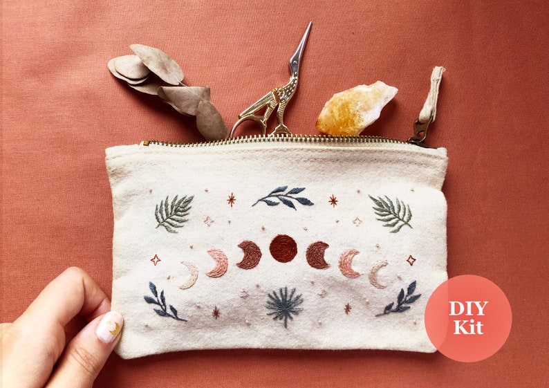 Embroidery Pouch Kit Desert Moon Moon Phases Boho Embroidery Kit Fall Craft Box Boho Hand Embroidery Kit DIY Embroidered Pouch image 1