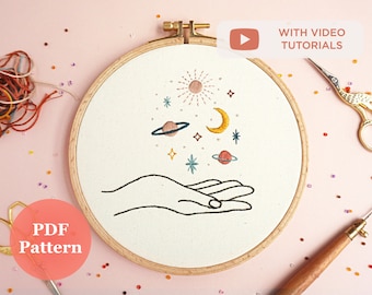 Embroidery PDF Pattern with Video Tutorials Handful of Stars | Modern Hand Embroidery | DIY Celestial Embroidery Hoop | Moon Embroidery