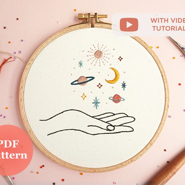 Embroidery PDF Pattern with Video Tutorials Handful of Stars | Modern Hand Embroidery | DIY Celestial Embroidery Hoop | Moon Embroidery