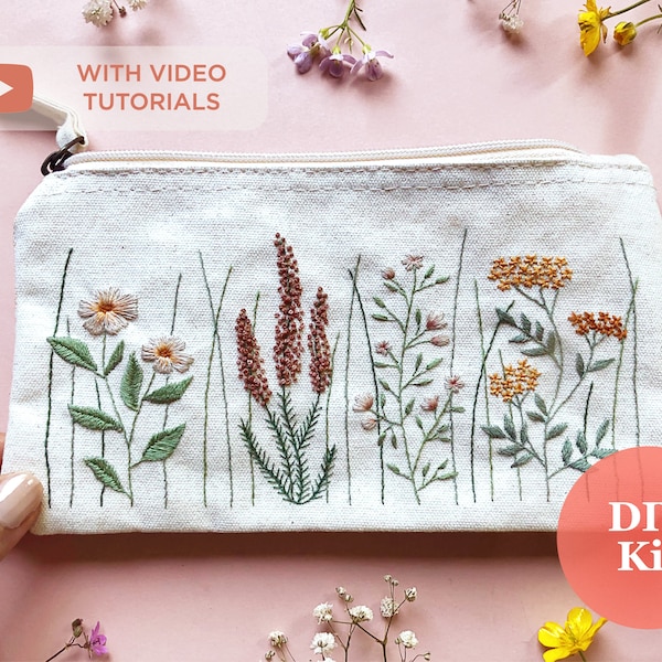 Embroidery Beutel Kit Wildblumen | Botanische Blumen Embroidery Kit | Frühlings-Bastelbox | Boho Stickpackung | DIY Bestickter Beutel