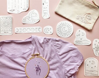 Stick and Stitch Embroidery Kit Celestial  | Stick On Modern Embroidery Pack | Craft Kit | Hand Embroidery Kit for Clothes | DIY T-shirt Kit