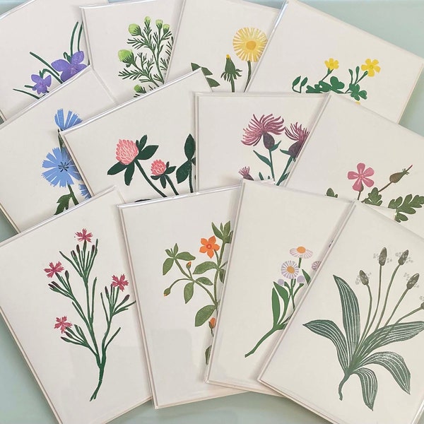 Wild flowering weeds - linocut greeting card set of 12 different designs