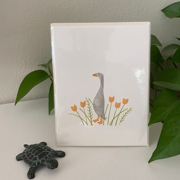 Runner duck and tulips - linocut greeting card