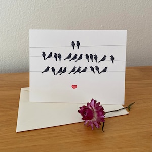 Uccelli su un filo con la scritta "Ti amo" in codice Morse - biglietto d'auguri in linoleografia