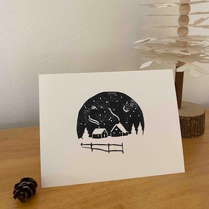 Maison de neige - carte de Noël linogravure