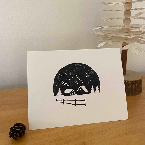 Snow home - linocut Christmas card